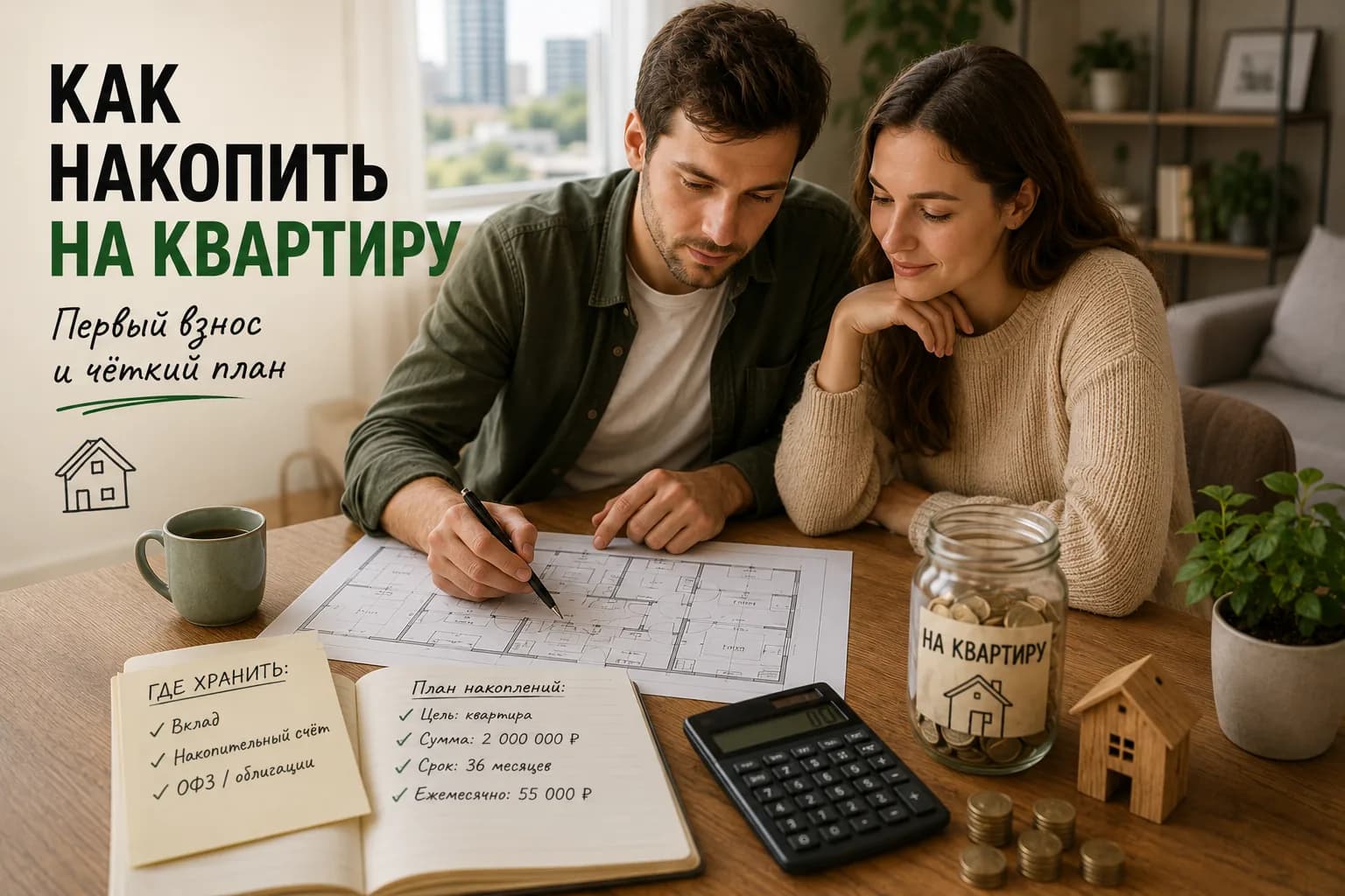 Дом, монеты и график прогресса накопления на квартиру