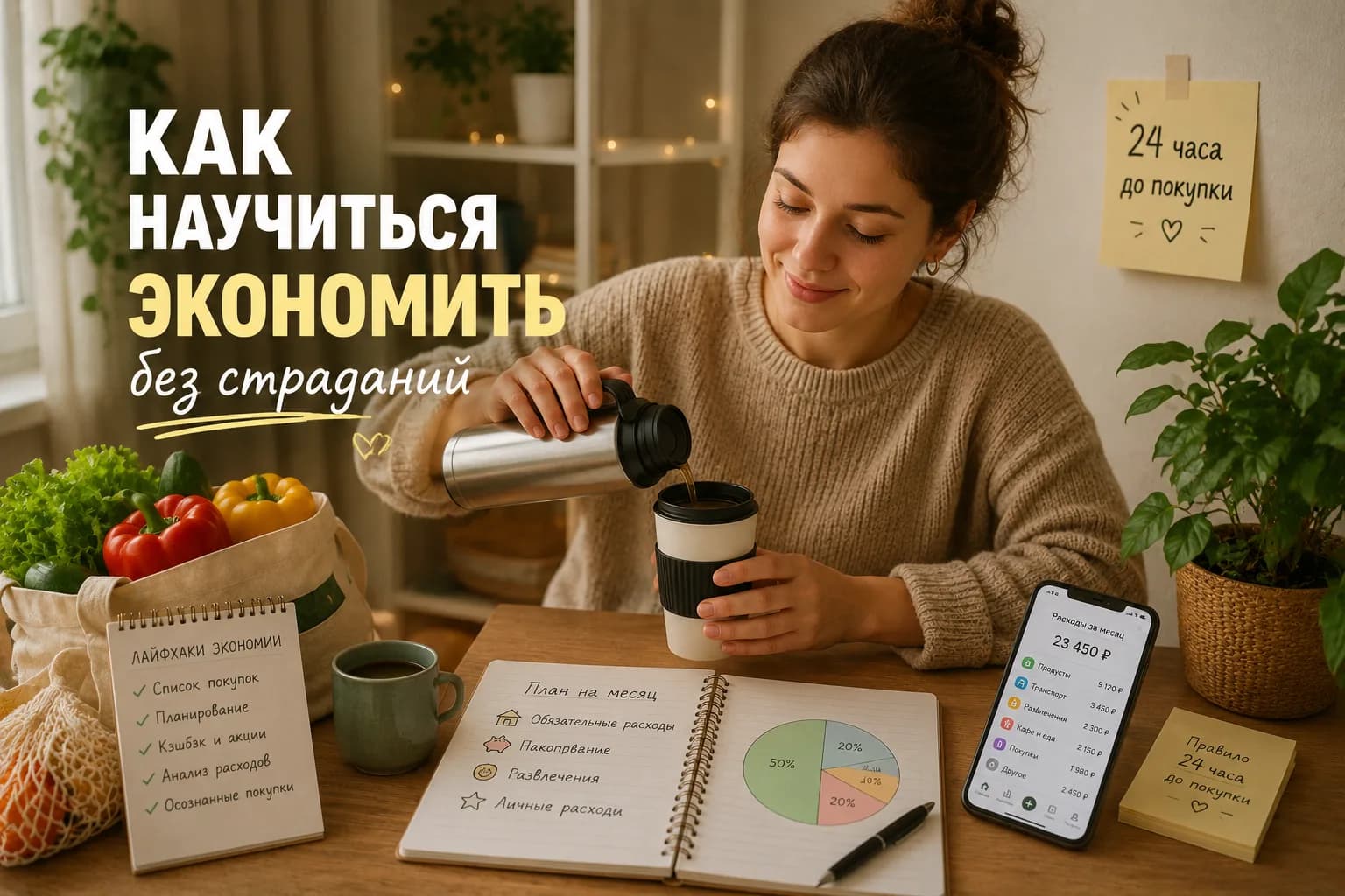 Чек-лист финансовых привычек и мобильный экран с прогрессом расходов