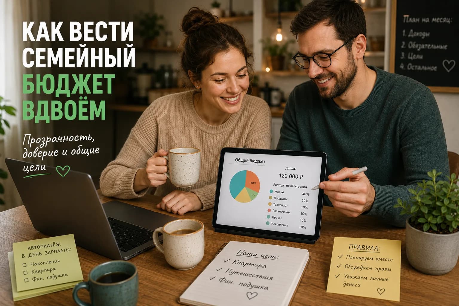 Два человека и общий бюджетный дашборд с графиками семейных расходов