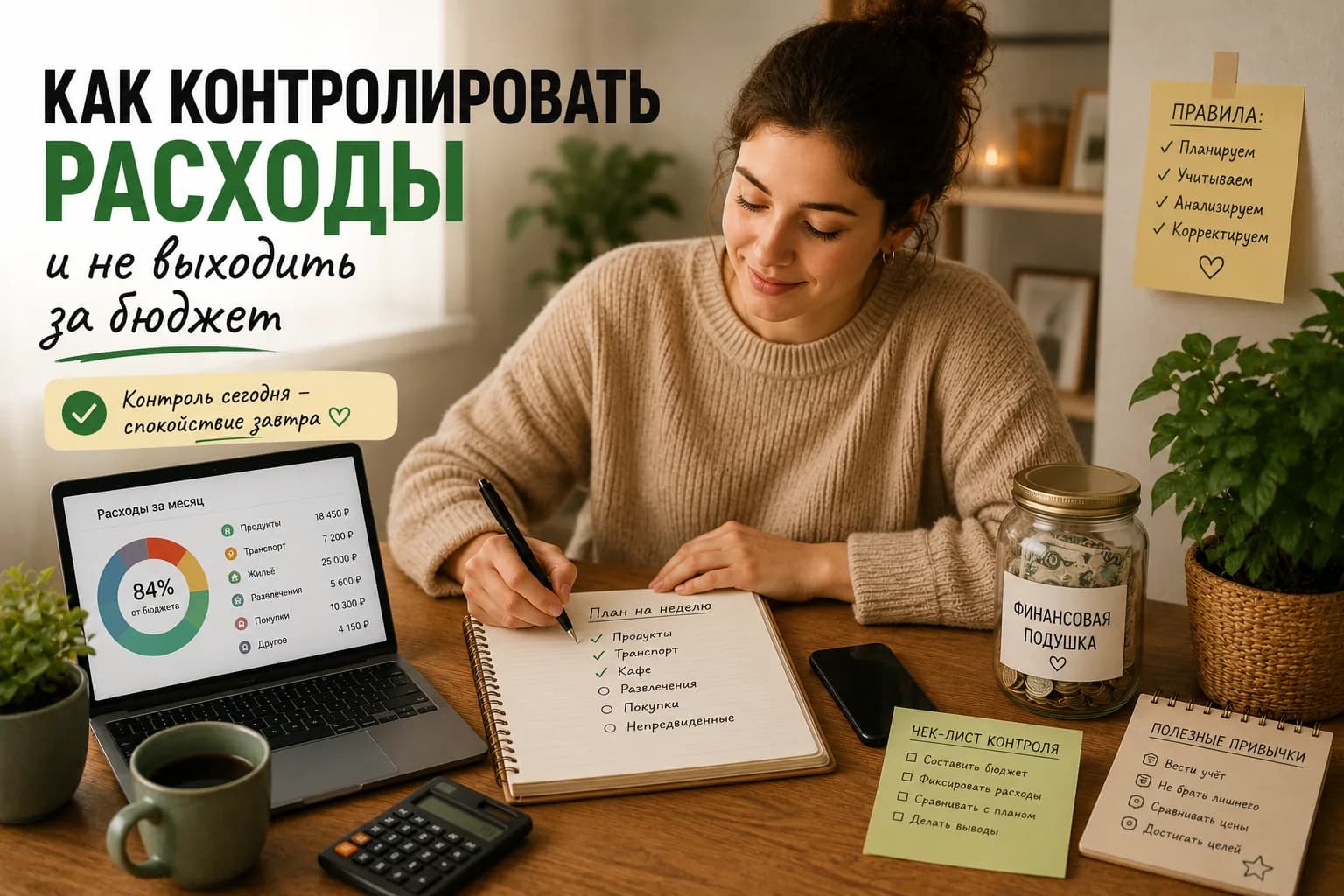 Калькулятор семейной финансовой подушки с монетами и строками расчёта